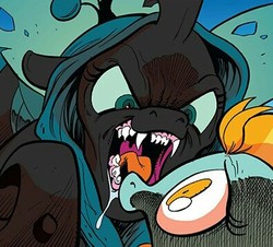 Size: 395x357 | Tagged: safe, artist:andypriceart, idw, official comic, lightning dust, queen chrysalis, changeling, changeling queen, pony, g4, siege of the crystal empire, spoiler:comic36, drool, fangs, female, mare, open mouth, you know for kids