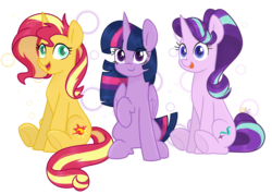 Size: 1200x855 | Tagged: safe, artist:chautung, starlight glimmer, sunset shimmer, twilight sparkle, alicorn, pony, unicorn, g4, magical trio, simple background, sitting, smiling, tongue out, transparent background, trio, twilight sparkle (alicorn)