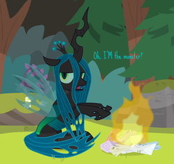 Size: 920x870 | Tagged: safe, artist:dm29, queen chrysalis, changeling, changeling queen, g4, the mean 6, campfire, clone six, dead, dialogue, digital art, female, fire, firewood, implied death, mane sticks, mean six, solo, the implications are horrible, twilog, wood
