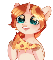 Size: 2500x2845 | Tagged: safe, artist:rizzych, oc, oc only, oc:caroline sunshine, pony, unicorn, food, high res, meat, pepperoni, pepperoni pizza, pizza, simple background, solo, starry eyes, transparent background, wingding eyes