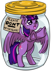 Size: 898x1258 | Tagged: safe, artist:dawnallies, part of a set, twilight sparkle, alicorn, pony, g4, cute, don't tap the pony in the jar, female, glass, glass jar, jar, part of a series, pony in a bottle, purple, simple background, single, solo, sparkle, stuck, transparent background, trapped, twilight sparkle (alicorn), twilybuse
