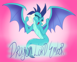 Size: 1514x1214 | Tagged: safe, artist:emositecc, princess ember, dragon, seapony (g4), g4, claws, dragon wings, dragoness, eyes closed, female, gradient background, horns, open mouth, solo, species swap, spread wings, text, wings