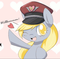 Size: 403x400 | Tagged: safe, artist:aryanne, edit, editor:seiken, derpy hooves, pony, g4, animated, bipedal, blushing, cute, female, fire, food, hat, heart, muffin, one eye closed, salute, sieg heil, solo, team captain, we are going to heil, welcome, wink