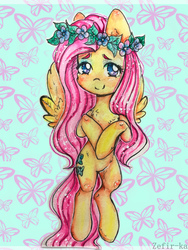 Size: 2976x3968 | Tagged: safe, artist:zefirka, fluttershy, pegasus, pony, g4, female, floral head wreath, flower, high res, hooves together, looking at you, mare, smiling, solo, spread wings, traditional art, wings