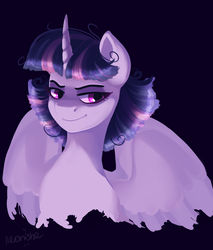 Size: 1700x2000 | Tagged: safe, artist:neonishe, mean twilight sparkle, alicorn, pony, g4, the mean 6, black background, clone, dark, evil, looking at you, simple background, smiling, smirk, spread wings, wings