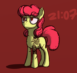 Size: 900x850 | Tagged: safe, artist:hc0, apple bloom, earth pony, pony, g4, female, older, red background, scar, simple background, solo, tattoo