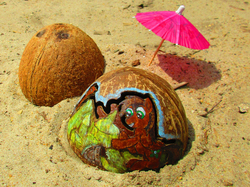 Size: 3227x2420 | Tagged: safe, artist:malte279, oc, oc:leafhelm, acrylic painting, beach, coconut, contest entry, craft, engraving, food, helmet, high res, nutshell, pyrography, sandcastle, traditional art