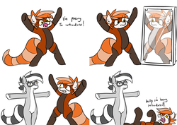 Size: 1348x954 | Tagged: safe, artist:dsp2003, artist:jargon scott, edit, oc, oc:bandy cyoot, oc:pandy cyoot, original species, pony, raccoon pony, red panda pony, asserting dominance, colored, comic, crossing the memes, crying, female, lesser panda, loss (meme), mare, meme, mirror, pop team epic, simple background, sketch, t pose, white background