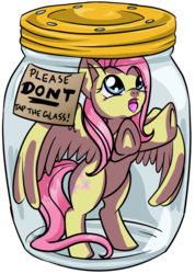 Size: 898x1258 | Tagged: safe, artist:dawnallies, part of a set, fluttershy, butterfly, pegasus, pony, g4, abuse, don't tap the pony in the jar, female, flutterbuse, flutterfly, flutters, glass, help, jar, lid, part of a series, pink, plastic, pony in a bottle, sad, simple background, solo, stuck, transparent background, yellow