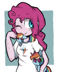 Size: 500x621 | Tagged: safe, artist:urbanqhoul, pinkie pie, equestria girls, g4, female, implied lesbian, implied pinkiedash, implied rainbow dash, implied shipping, irl, one eye closed, photo, plushie