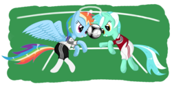 Size: 1259x635 | Tagged: safe, artist:isegrim87, edit, lyra heartstrings, rainbow dash, g4, clothes, denmark, football, germany, socks, sports