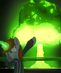 Size: 4000x4800 | Tagged: safe, artist:brisineo, artist:warking76, edit, oc, oc only, oc:littlepip, pony, unicorn, fallout equestria, atomic bomb, balefire bomb, clothes, dab, explosion, fallout, fanfic, fanfic art, female, glowing horn, hooves, horn, jumpsuit, magic, mare, megaspell, megaspell explosion, mushroom cloud, nuclear explosion, nuclear weapon, pipbuck, pure unfiltered evil, solo, vault suit, weapon, xk-class end-of-the-world scenario