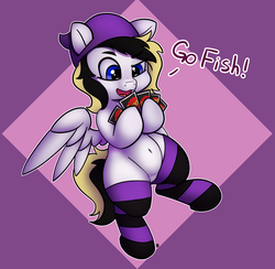 Size: 2171x2123 | Tagged: safe, artist:pabbley, oc, oc only, oc:rory gigabyte, pegasus, pony, beanie, belly button, bipedal, card game, clothes, cute, dialogue, hat, high res, male, simple background, socks, solo, striped socks, uno