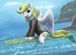 Size: 3904x2848 | Tagged: safe, artist:xxcrazzzyxx, oc, oc only, oc:dandelion blossom, pegasus, pony, clothes, commission, female, high res, looking at you, mare, one eye closed, one-piece swimsuit, solo, spread wings, surfboard, surfing, swimsuit, tongue out, water, wetsuit, wings, wink, ych result