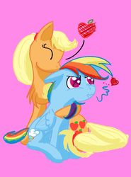 Size: 1000x1350 | Tagged: safe, artist:sixes&sevens, derpibooru exclusive, applejack, rainbow dash, g4, chest fluff, female, heart, hug, kissing, lesbian, missing accessory, scrunchy face, ship:appledash, shipping, simple background