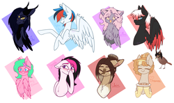 Size: 5900x3500 | Tagged: safe, artist:honeybbear, oc, oc only, oc:caffine, oc:cinnamon, oc:claire, oc:elwi, oc:hitomi, oc:party blossom, oc:vanity, bird, pegasus, pony, bust, female, mare, portrait