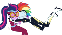 Size: 2048x1153 | Tagged: safe, artist:ilaria122, rainbow dash, sci-twi, twilight sparkle, zapp, equestria girls, g4, movie magic, spoiler:eqg specials, boots, clothes, costume, female, flying, geode of super speed, geode of telekinesis, glomp, goggles, high heel boots, high heels, hug, magical geodes, masked matter-horn costume, out of context, ponytail, power ponies, simple background, superhero, transparent background, vector