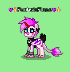 Size: 528x542 | Tagged: safe, oc, oc:fuchsia flame, goo, pony, pony town, character, claws, cropped, dragon hybrid, dragon wings, dragongriff, ear piercing, earring, fangs, fire, game screencap, goo coming out of eyes, goth, hippogriff hybrid, horn, jewelry, long tail, makeup, markings, piercing, pink fur, red horn, wristband
