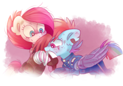 Size: 1076x755 | Tagged: dead source, safe, artist:pinkablue, pinkie pie, rainbow dash, earth pony, pegasus, pony, g4, abstract background, alternate timeline, amputee, apinkalypse pie, apocalypse dash, augmented, blushing, crystal war timeline, ear fluff, eye scar, female, lesbian, mare, pinkamena diane pie, prosthetic limb, prosthetic wing, prosthetics, scar, ship:pinkiedash, shipping, simple background, torn ear, transparent background