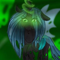 Size: 768x768 | Tagged: source needed, safe, artist:parn, queen chrysalis, changeling, changeling queen, g4, dark, fanart, female, glowing horn, green background, green eyes, horn, simple background