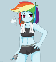 Size: 1280x1422 | Tagged: safe, artist:genericmlp, rainbow dash, equestria girls, g4, bike shorts, breasts, breath, clothes, compression shorts, exhale, exhausted, female, hand on hip, sexy, simple background, solo, sports bra, sports shorts, tired, towel, water bottle, workout outfit