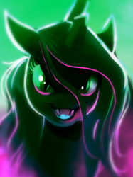 Size: 1569x2093 | Tagged: safe, artist:imalou, queen chrysalis, changeling, changeling queen, g4, abstract background, bust, digital art, female, looking at you, open mouth, solo