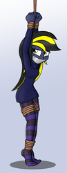 Size: 700x1800 | Tagged: safe, artist:nivek15, oc, oc only, oc:shadow thunder, equestria girls, g4, bondage, clothes, commission, equestria girls-ified, female, gag, missing shoes, ropes, socks, solo, stockings, tape, tape gag, thigh highs, tied up