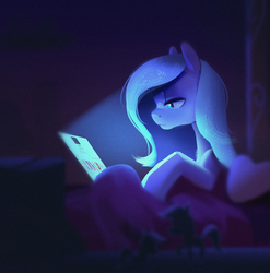 Size: 2965x3000 | Tagged: safe, artist:imalou, princess luna, pony, g4, 4chan, bed, computer, digital art, female, high res, laptop computer, lidded eyes, mare, missing horn, night, s1 luna, solo