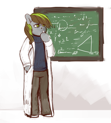 Size: 824x911 | Tagged: safe, artist:ptg, oc, oc only, oc:jetn, anthro, chalkboard, clothes, lab coat, math, solo