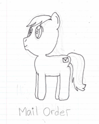 Size: 534x669 | Tagged: safe, artist:nightshadowmlp, oc, oc only, oc:mail order, earth pony, pony, grayscale, lined paper, male, monochrome, offspring, parent:derpy hooves, parent:doctor whooves, parents:doctorderpy, solo, stallion, traditional art
