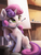 Size: 2250x3000 | Tagged: safe, artist:vanillaghosties, sweetie belle, pony, unicorn, g4, blank flank, cabinet, canvas, cute, diasweetes, easel, female, filly, foal, high res, horn, indoors, mouth hold, paintbrush, raised hoof, sitting, solo