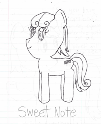 Size: 507x622 | Tagged: safe, artist:nightshadowmlp, oc, oc only, oc:sweet note, pony, grayscale, lined paper, magical lesbian spawn, monochrome, offspring, parent:bon bon, parent:lyra heartstrings, parents:lyrabon, solo, traditional art