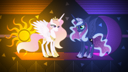 Size: 3840x2160 | Tagged: safe, artist:laszlvfx, artist:xebck, edit, princess celestia, princess luna, alicorn, pony, g4, abstract background, alternate design, alternate hairstyle, duo, ethereal mane, female, high res, mare, royal sisters, sisters, starry mane, wallpaper, wallpaper edit