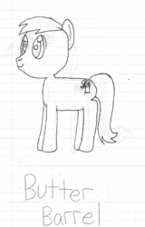 Size: 466x729 | Tagged: safe, artist:nightshadowmlp, oc, oc only, oc:butter barrel, pony, grayscale, lined paper, magical lesbian spawn, monochrome, offspring, parent:applejack, parent:fluttershy, parents:appleshy, solo, traditional art