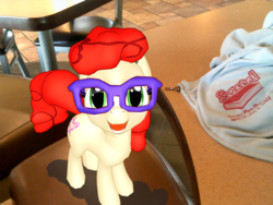 Size: 4608x3456 | Tagged: safe, artist:mario-mcfly, twist, earth pony, pony, g4, 3d, female, filly, glasses, high res, irl, looking at you, mcdonald's, mmd, open mouth, photo, smiling, solo, wrong eye color