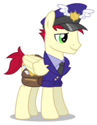Size: 3816x4929 | Tagged: safe, artist:dragonchaser123, care package, special delivery, pegasus, pony, g4, wonderbolts academy, absurd resolution, clothes, hat, mailpony, male, necktie, postman's hat, saddle bag, simple background, solo, stallion, transparent background, uniform, vector