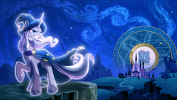 Size: 1920x1080 | Tagged: safe, artist:light262, star swirl the bearded, pony, unicorn, art pack:heroes ep, g4, castle of the royal pony sisters, jycrow, male, night, raised hoof, solo, stars, wallpaper