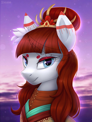 Size: 1200x1600 | Tagged: safe, artist:scheadar, oc, oc only, earth pony, pony, beanbrows, clothes, commission, digital art, eyebrows, female, headdress, looking at you, mare, red hair, red mane, solo