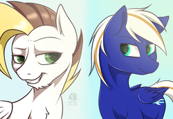 Size: 4000x2751 | Tagged: safe, artist:azerta56, oc, oc only, oc:ban pinna, oc:electric blue, pegasus, pony, beard, bust, duo, facial hair, friendship, high res, looking at each other, male, simple background