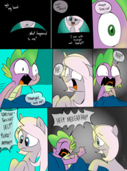 Size: 900x1214 | Tagged: safe, artist:emositecc, spike, oc, oc:nebula, dragon, pony, unicorn, comic:empty halls, g4, comic, dialogue, duo, female, implied starlight glimmer, male, mare, screaming, waking up