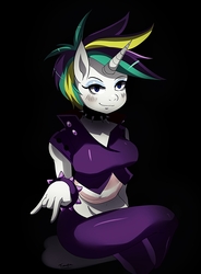 Size: 1615x2191 | Tagged: safe, artist:traupa, rarity, anthro, g4, it isn't the mane thing about you, alternate hairstyle, black background, bracelet, choker, collar, devil horn (gesture), female, jewelry, punk, raripunk, simple background, solo, spiked choker, spiked collar, spiked wristband, studded bracelet, wristband