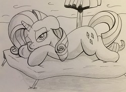 Size: 3447x2516 | Tagged: safe, artist:stammis, rarity, pony, g4, beach, female, high res, monochrome, movie accurate, prone, solo, traditional art