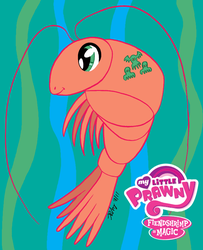 Size: 648x800 | Tagged: safe, artist:the_gneech, edit, shrimp, abstract background, logo, logo edit, my little x, pun, smiling, species swap