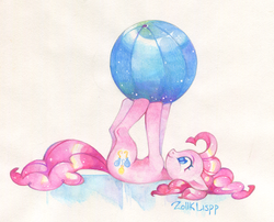 Size: 1485x1199 | Tagged: safe, artist:lispp, pinkie pie, earth pony, pony, g4, ball, cute, diapinkes, female, mare, on back, profile, smiling, solo, traditional art