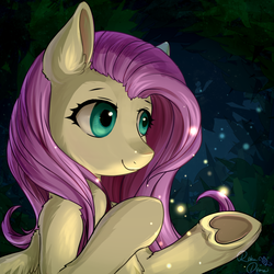 Size: 1024x1024 | Tagged: safe, artist:rikadiane, fluttershy, firefly (insect), pegasus, pony, g4, female, forest, heart, hoof heart, mare, night, smiling, solo, underhoof, updated