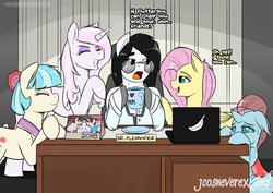 Size: 1280x905 | Tagged: safe, artist:jcosneverexisted, coco pommel, fleur-de-lis, fluttershy, ocellus, oc, oc:alexander, changedling, changeling, earth pony, pegasus, pony, unicorn, g4, computer, desk, dialogue, doctor, doodle, embarrassed, flutterxander, laptop computer, patreon, sitting, this will end in snu snu
