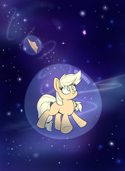 Size: 2200x3000 | Tagged: safe, artist:heir-of-rick, applejack, earth pony, pony, daily apple pony, g4, applejack's hat, bubble, cowboy hat, female, floating, force field, hat, hidden cane, high res, mare, missing cutie mark, solo, space, stars