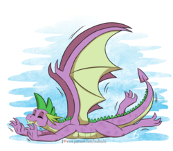 Size: 1024x894 | Tagged: safe, artist:inuhoshi-to-darkpen, spike, dragon, g4, molt down, behaving like a cat, cute, older, older spike, patreon, patreon logo, puns in the comments, signature, simple background, stretching, transparent background, winged spike, wings