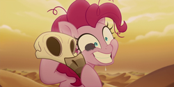 Size: 534x266 | Tagged: safe, screencap, pinkie pie, g4, my little pony: the movie, dead, desert, desert sun madness, insanity, skull, wide eyes, you know for kids