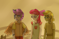Size: 2500x1666 | Tagged: safe, artist:spokenmind93, apple bloom, scootaloo, sweetie belle, human, g4, one bad apple, backlighting, covered, dirty, humanized, luster dust, oil, signature, simple background, tired, winged humanization, wings